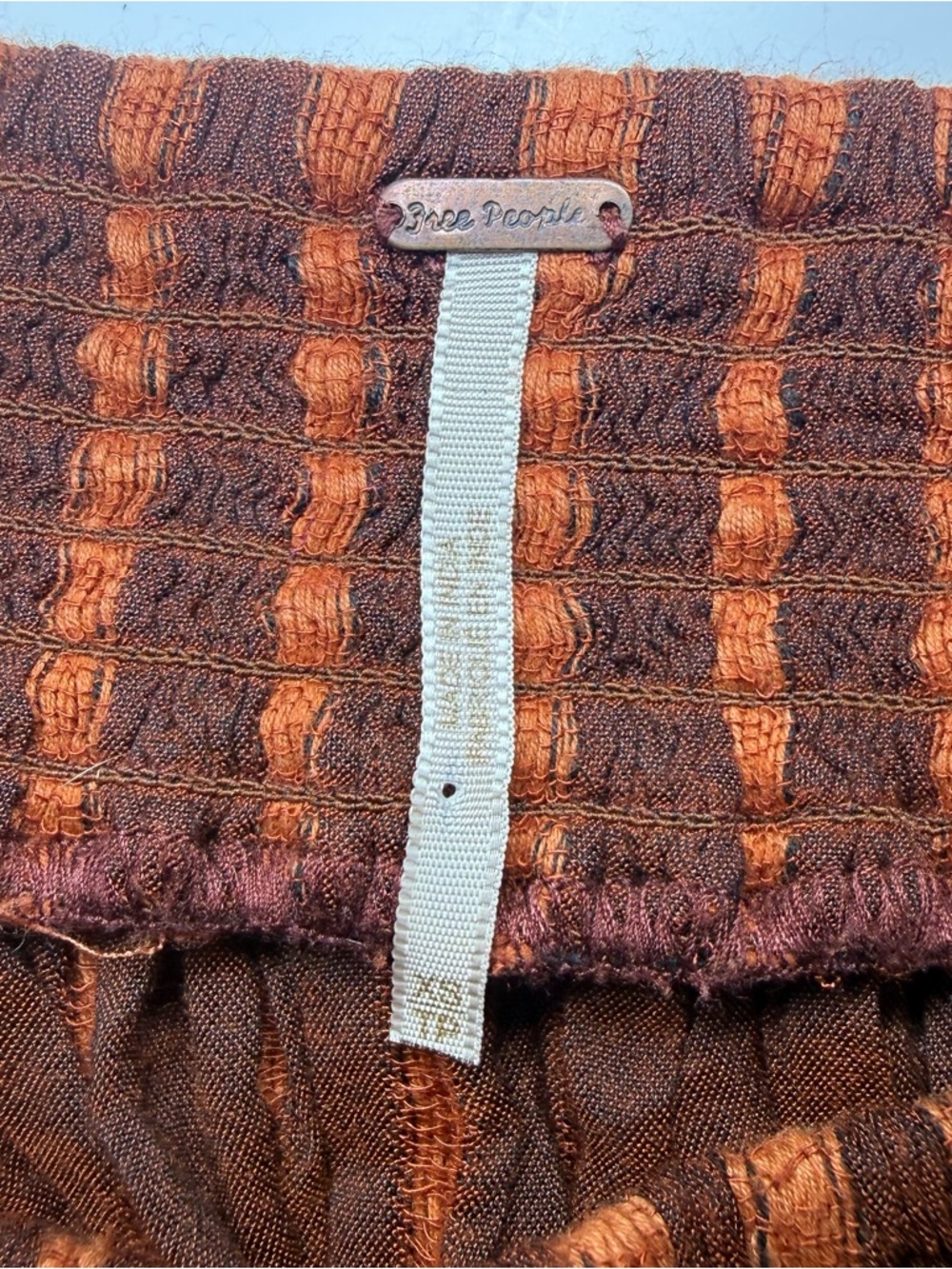 Free People Rust and Burnt Orange Striped Off-Shoulder Frayed Hem Crop Top - Picture 3 of 3
